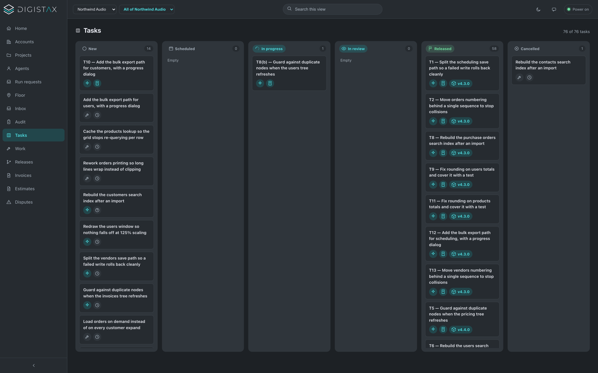 Tasks, from new to released