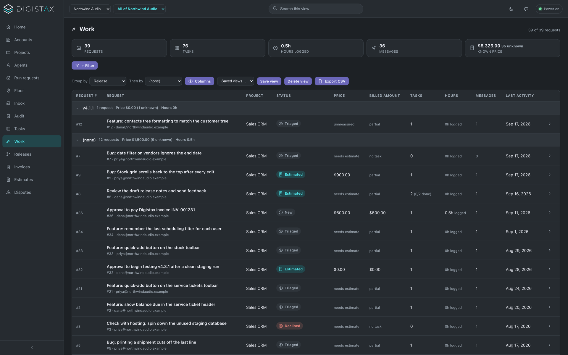 Work, grouped by release